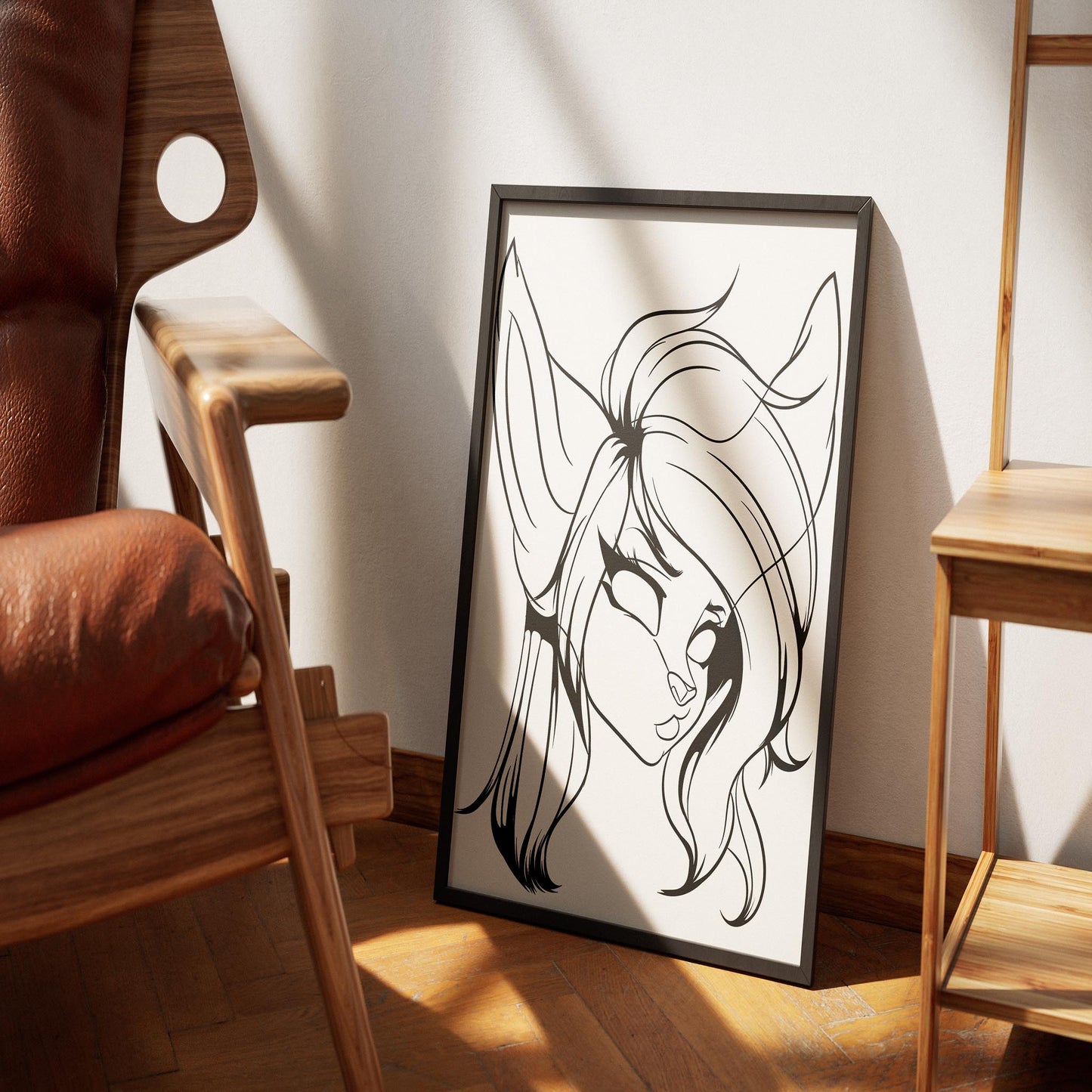 Line art poster featuring furry character with feline face, sleek design, and expressive features.