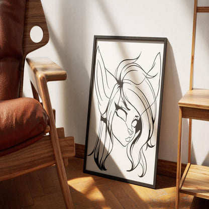 Line art poster featuring furry character with feline face, sleek design, and expressive features.