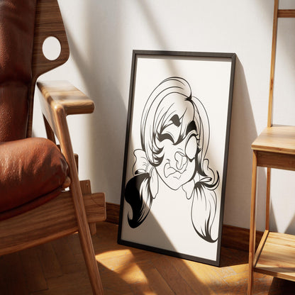 Digital line art illustration of a whimsical furry character with pigtails, framed and displayed on a wooden floor.