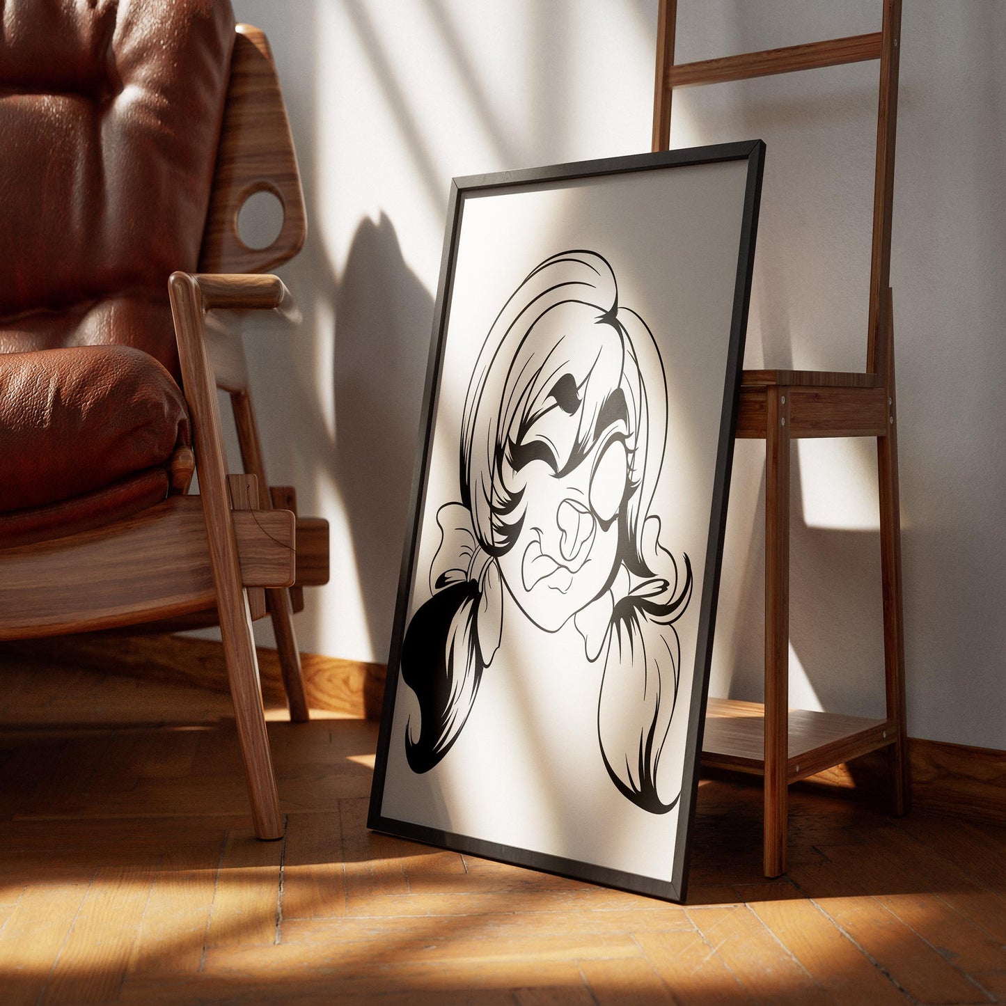 Line art illustration of a whimsical furry character with pigtails displayed in a modern interior setting.