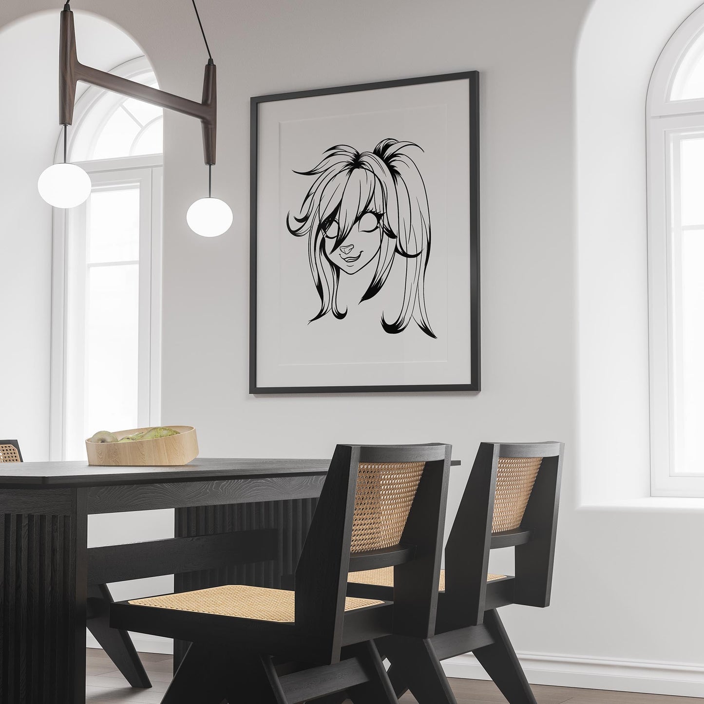 Line art of a furry character with expressive eyes and wild dark green hairstyle in a modern dining room.