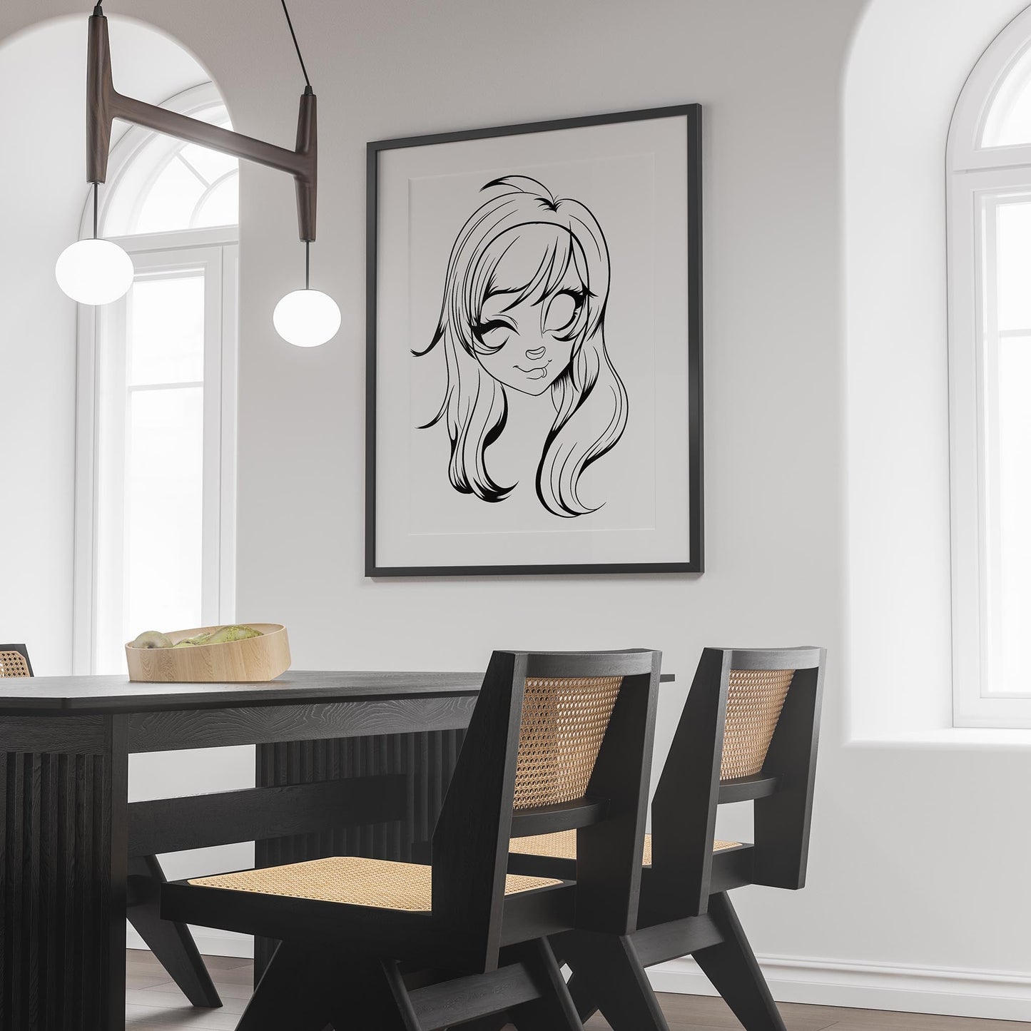 Line Art - Furries Model 15 framed artwork displayed in modern dining room.