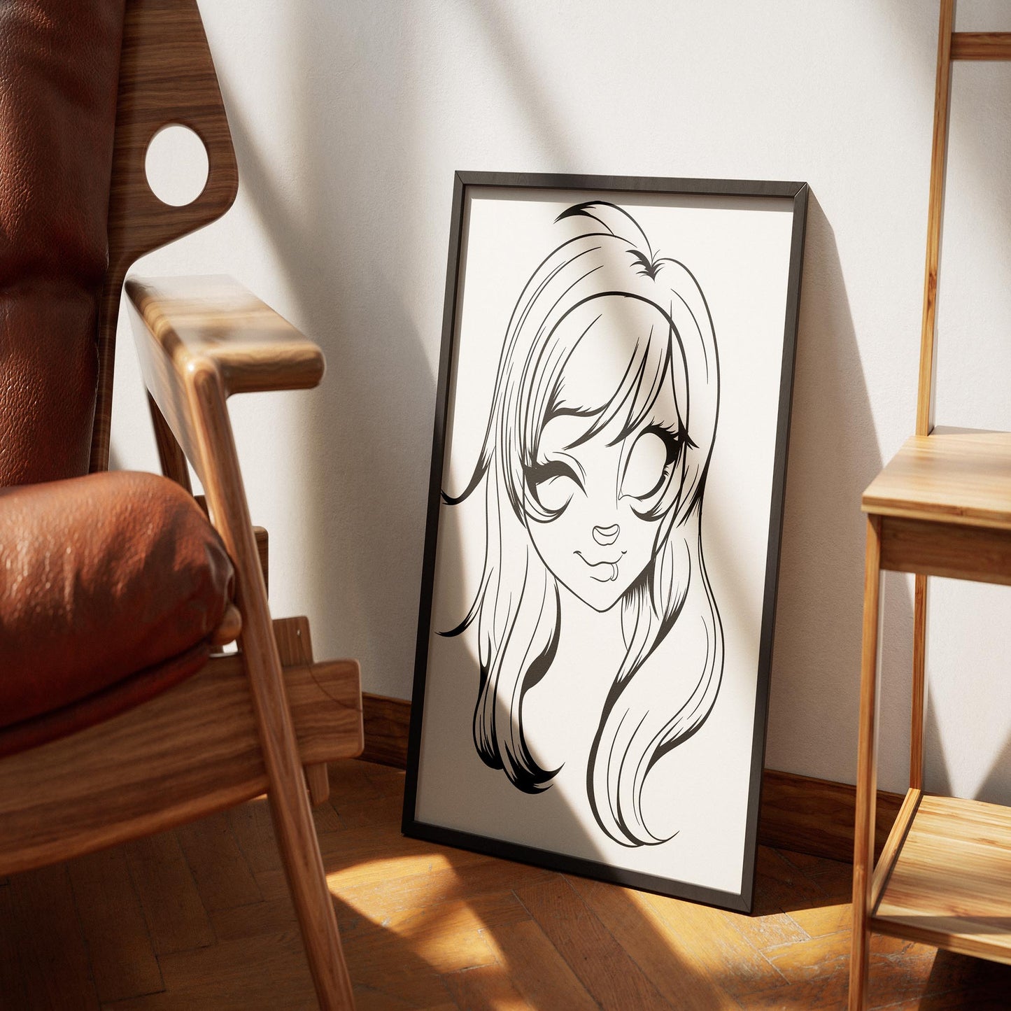 Line art illustration of Furries Model 15 with playful expression and striking features in a stylish frame.