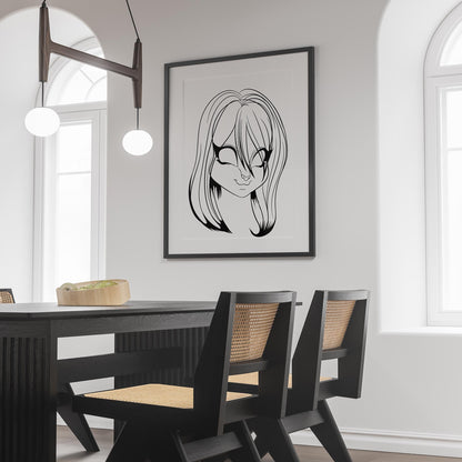 Line Art - Furries Model 16 framed artwork displayed in modern interior with dining table and chairs.