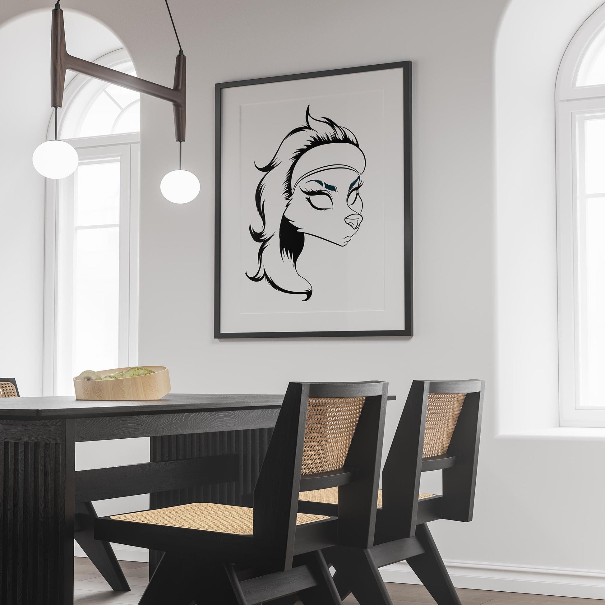 Line Art - Furries Model 17 framed artwork in a modern room.