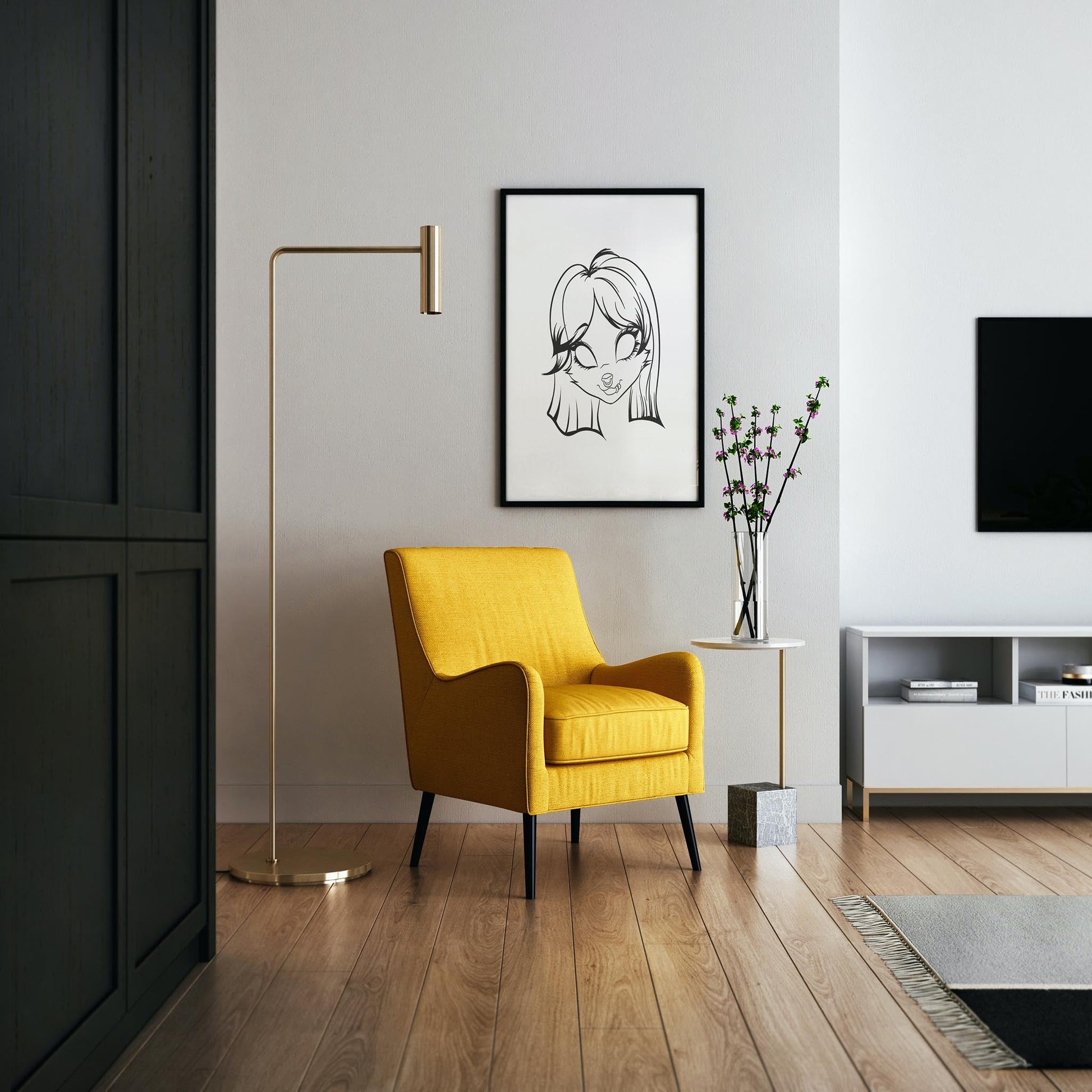 Framed line art of a furry character with green eyes and red hair in a stylish living room setting.