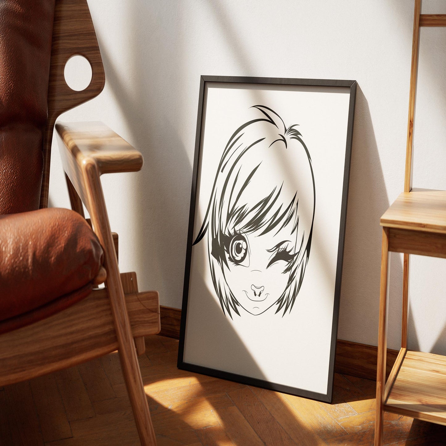 Framed artwork of a furry character in black-and-white line art, ideal for digital artists.