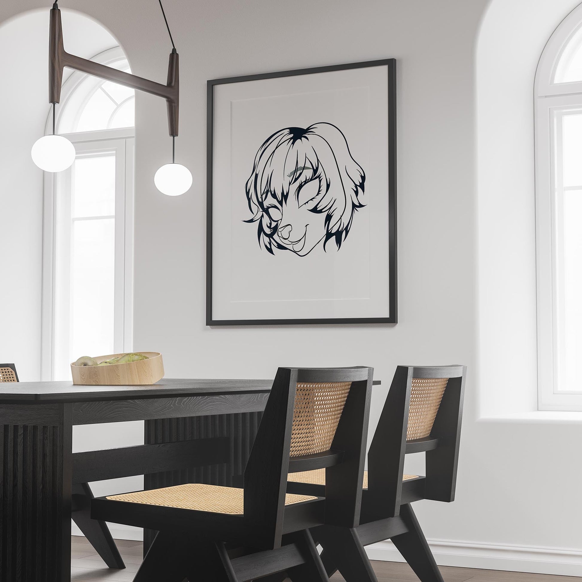 Line Art - Furries Model 21 character framed in modern dining room setting.