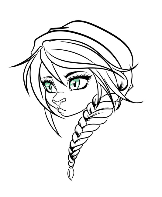 Furries Model 22 digitalized line art with braided hair and green eyes.