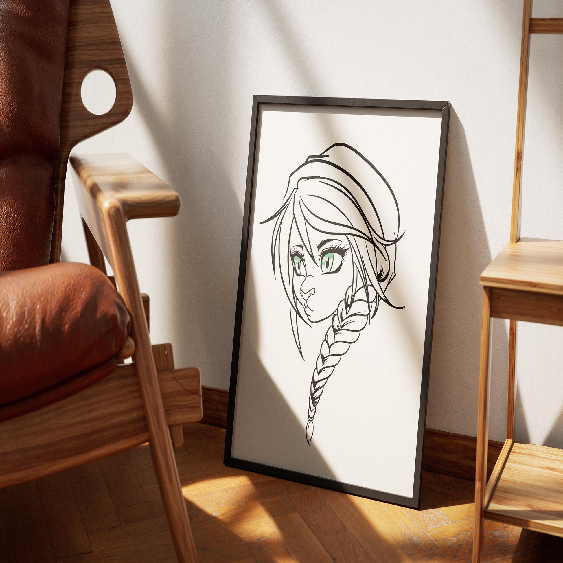 Digitalized line art of a furry character with braided hair and green eyes in modern interior decor.