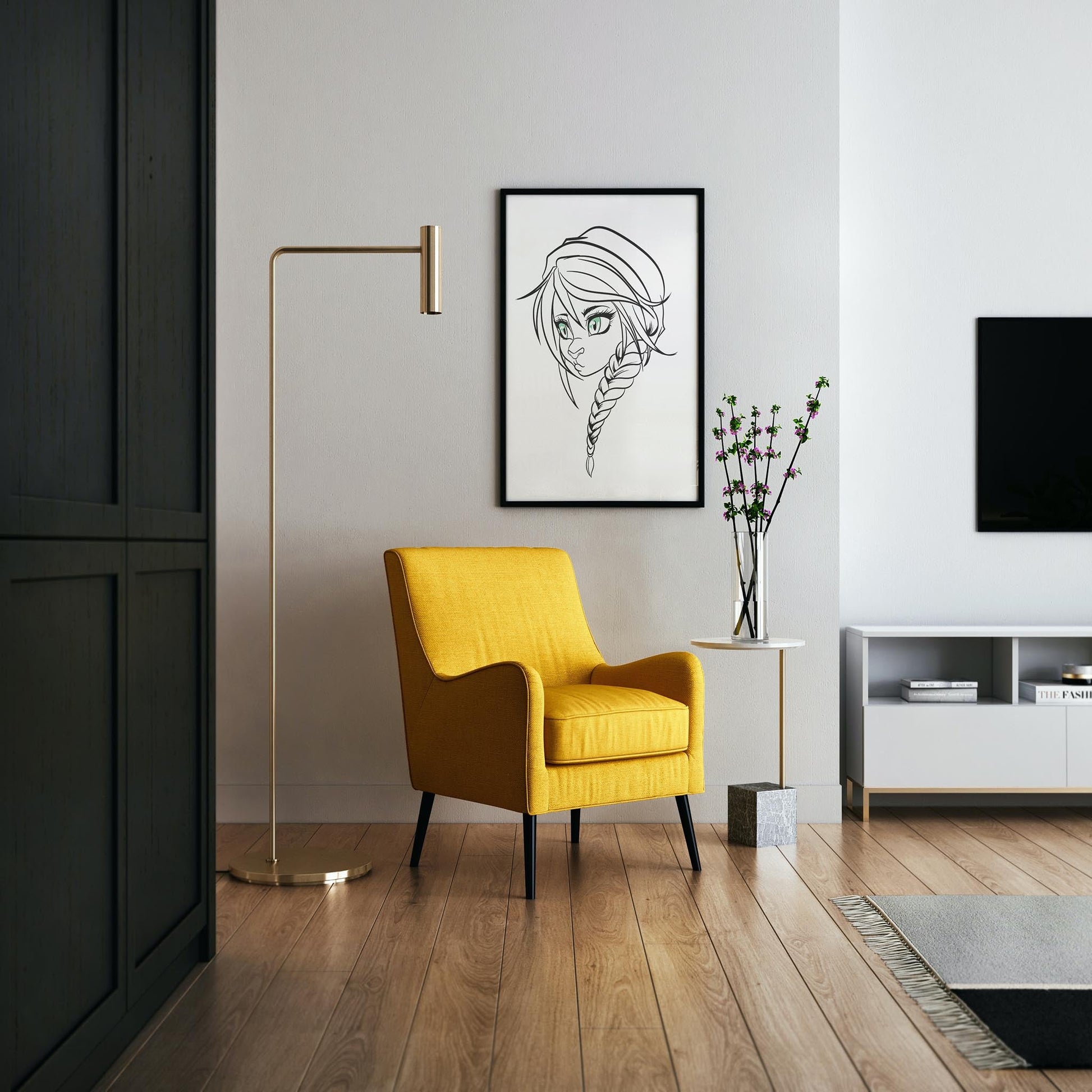 Digital art line drawing of a furry character with braided hair, framed on a wall above a modern living space with a yellow chair.