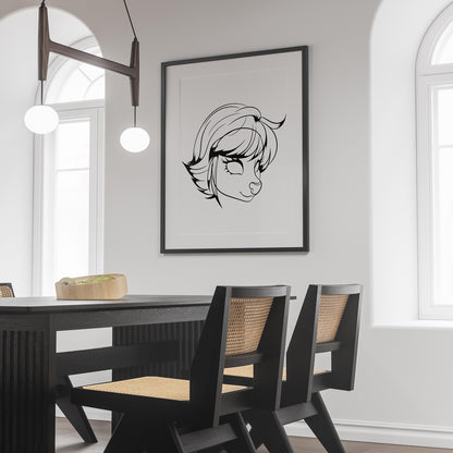 Line art of a furry character in a modern dining room setting, emphasizing digitalized arts.