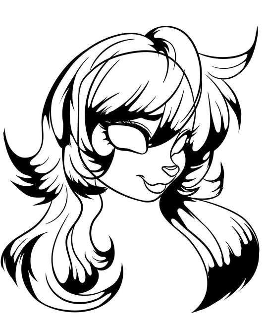 Furries Model 24 line art with flowing hair and expressive eyes.