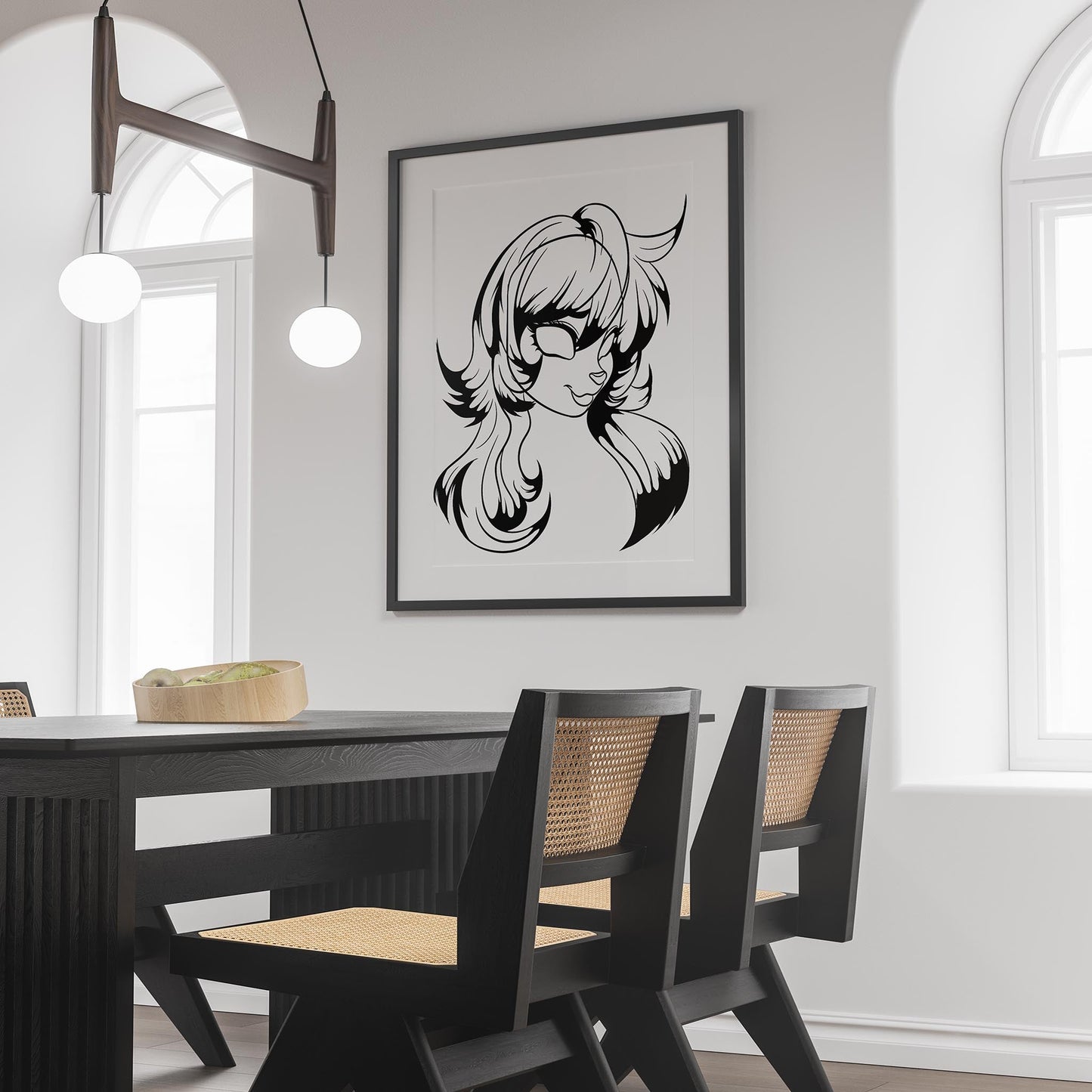 Furries Model 24 line art on wall in modern dining room setting.