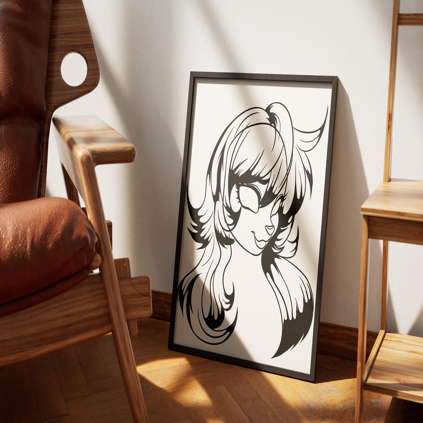 Furry character line art with flowing hair in a framed digital illustration.