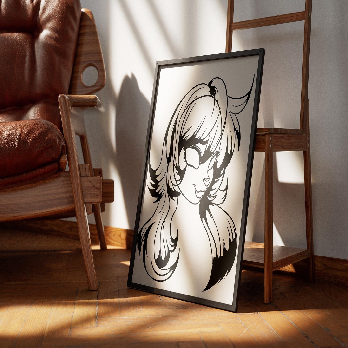 Furry character line art with flowing hair displayed in a frame.