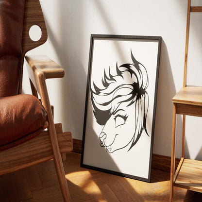 Framed line art of a fursona with bold mane, titled Furries Model 25, displayed on the floor next to wooden furniture.
