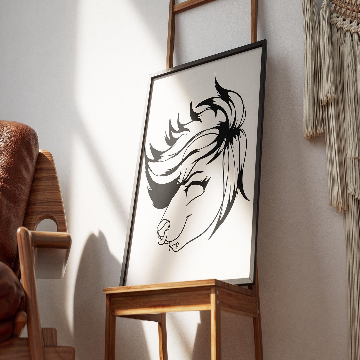 Furries Model 25 line art poster displayed on wooden easel in cozy room setting.