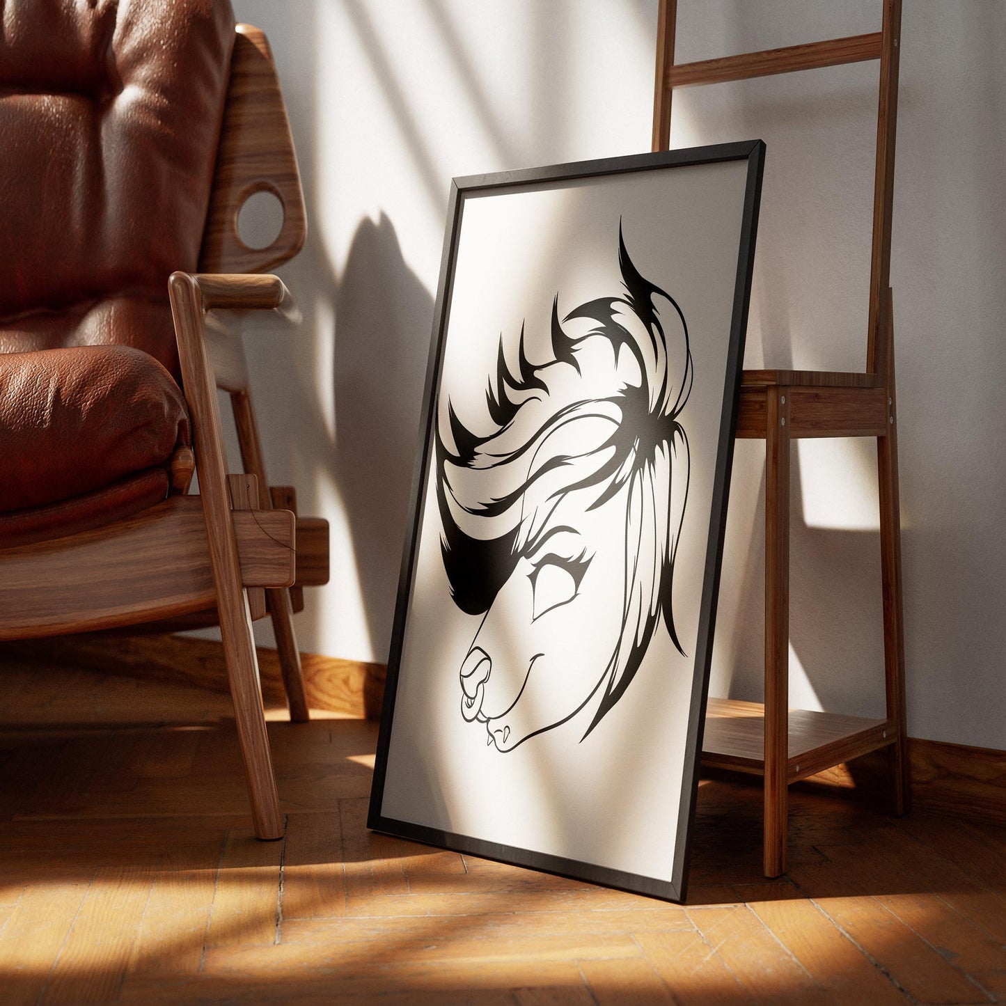 Furries Model 25 line art illustration in a frame beside a chair, featuring bold digitalized design.
