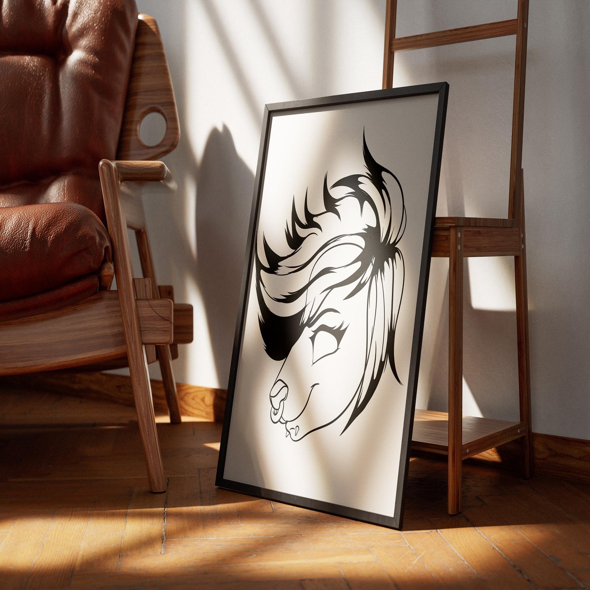 Furries Model 25 line art illustration in a frame beside a chair, featuring bold digitalized design.