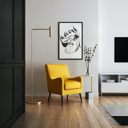 Furries Model 25 digital line art in modern room with yellow chair.