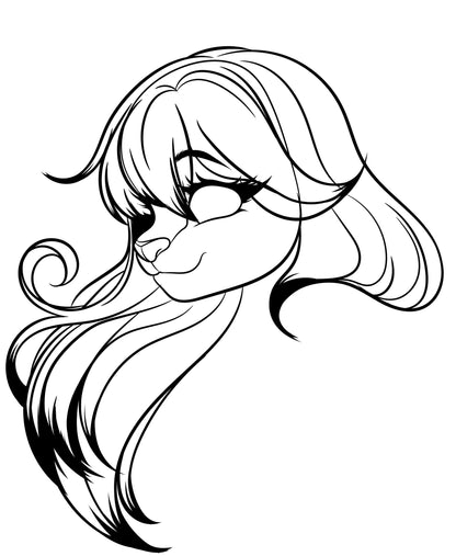 Furries Model 26 digital art line drawing with flowing hair and detailed features.