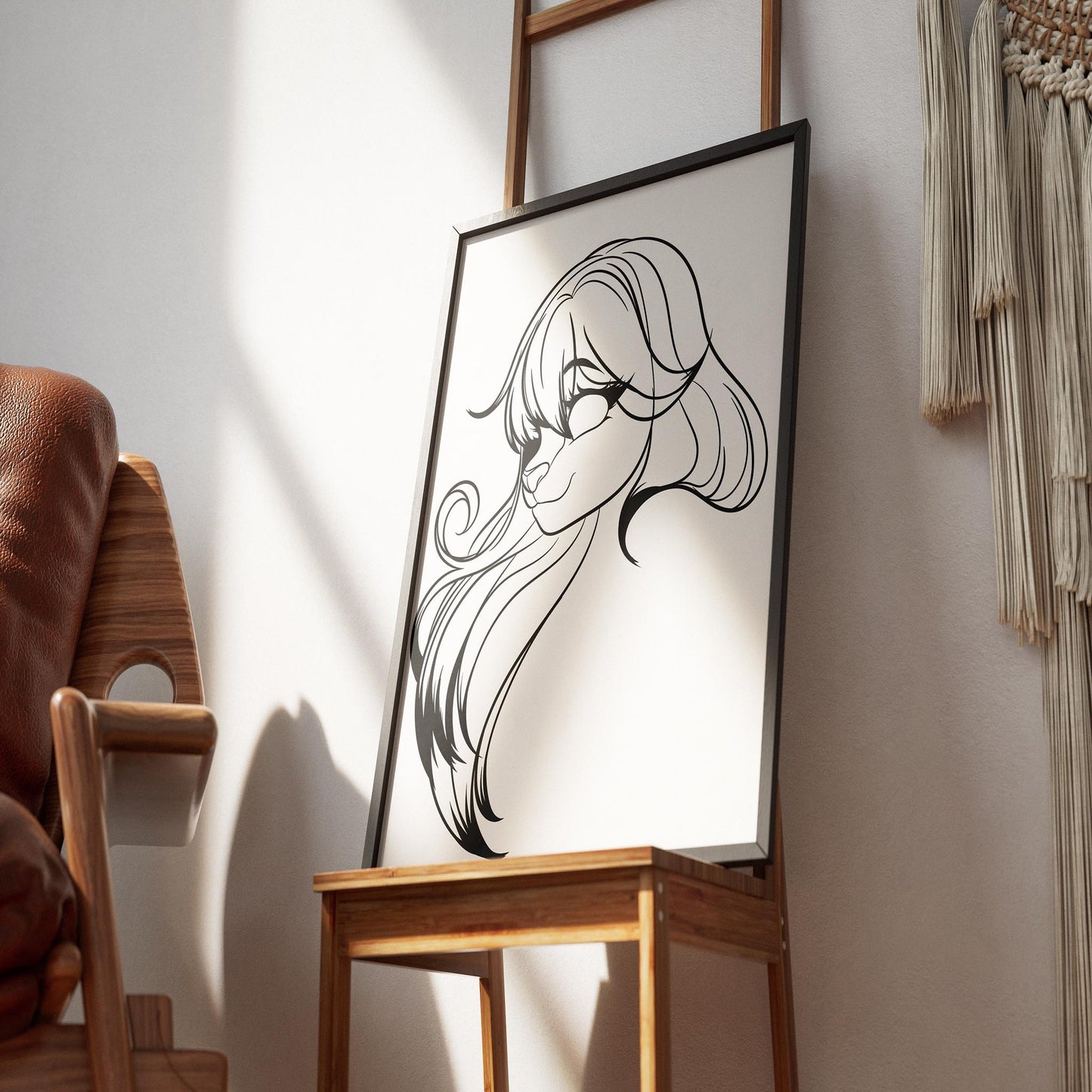 Furries Model 26 line art displayed on a wooden easel in a cozy room setting.