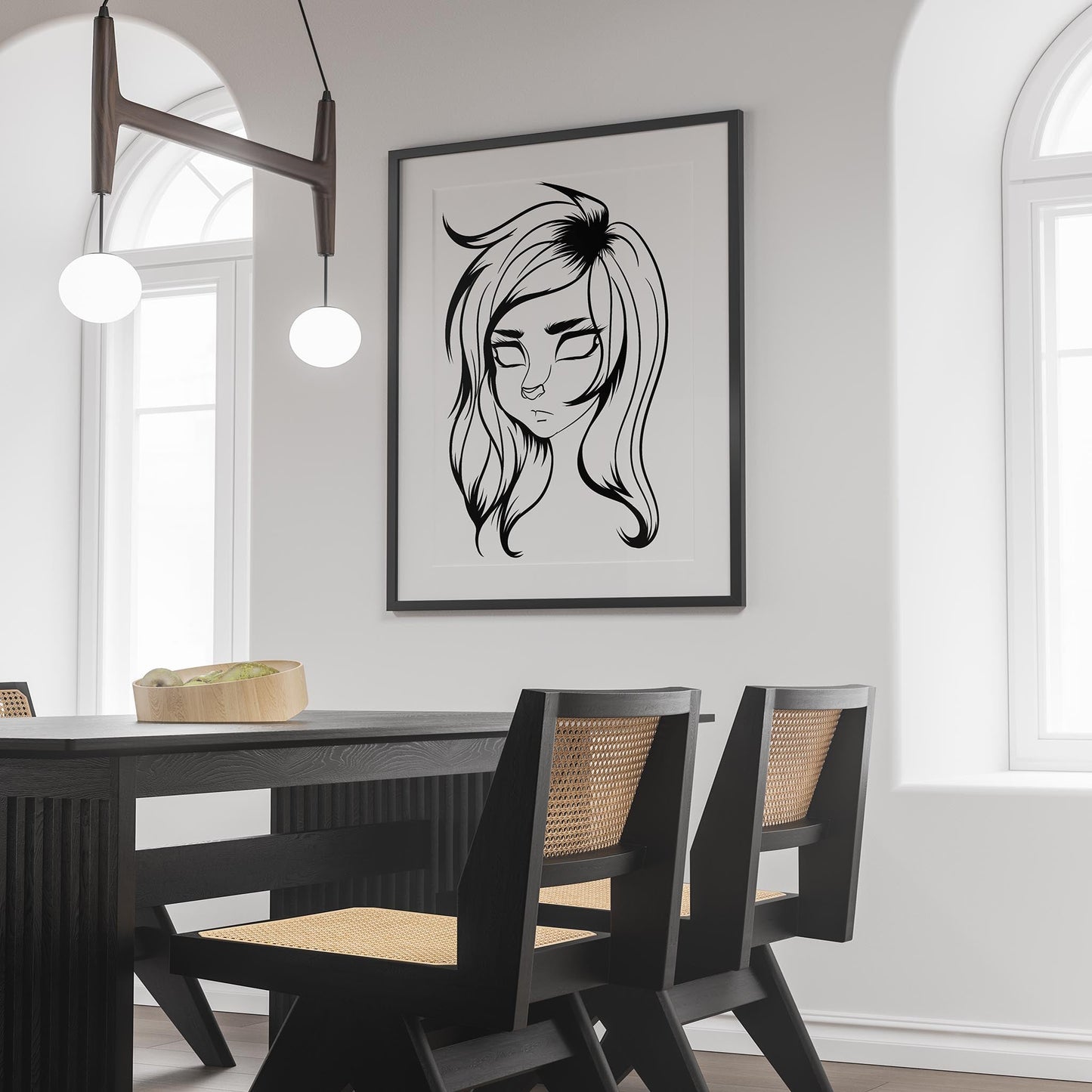 Furries Model 27 digitalized arts line art framed on wall in modern dining room.