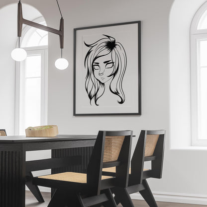 Furries Model 27 digitalized arts line art framed on wall in modern dining room.