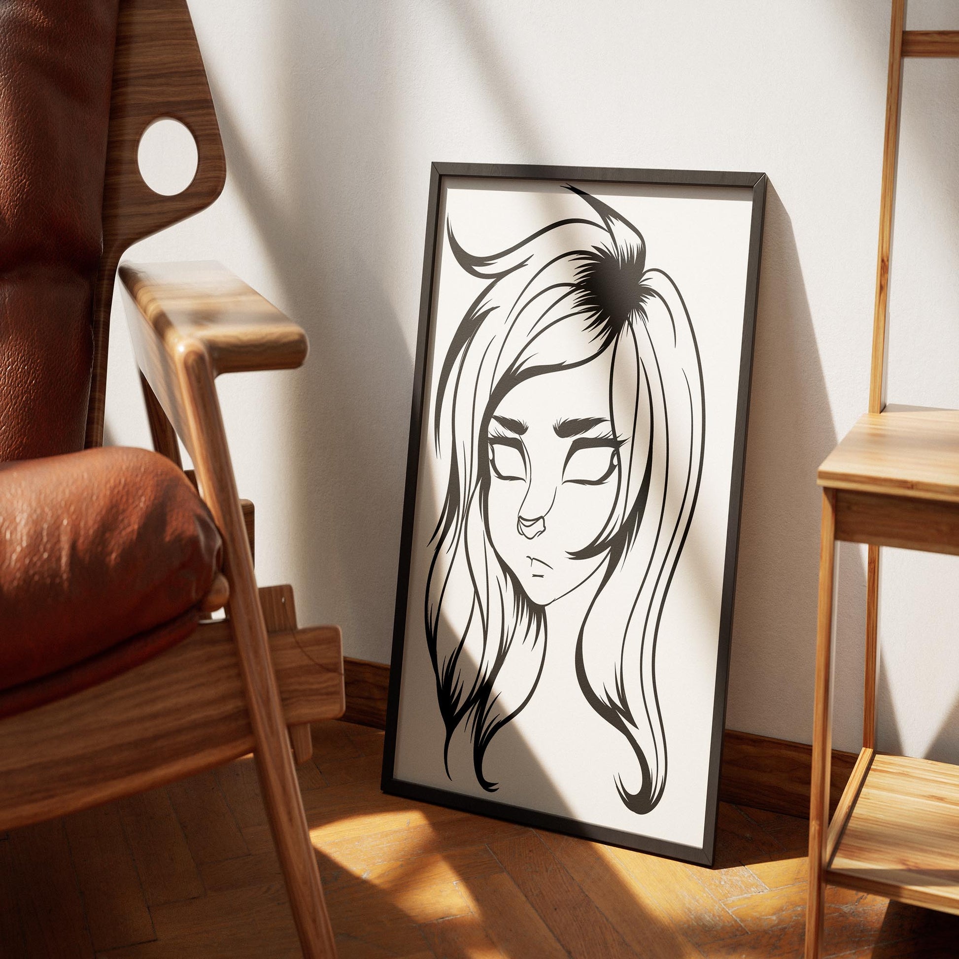 Framed line art of Furries Model 27 in digitalized arts style on wooden floor.