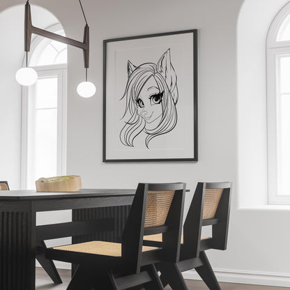 Furry character line art on modern interior wall, detailed and high-resolution.