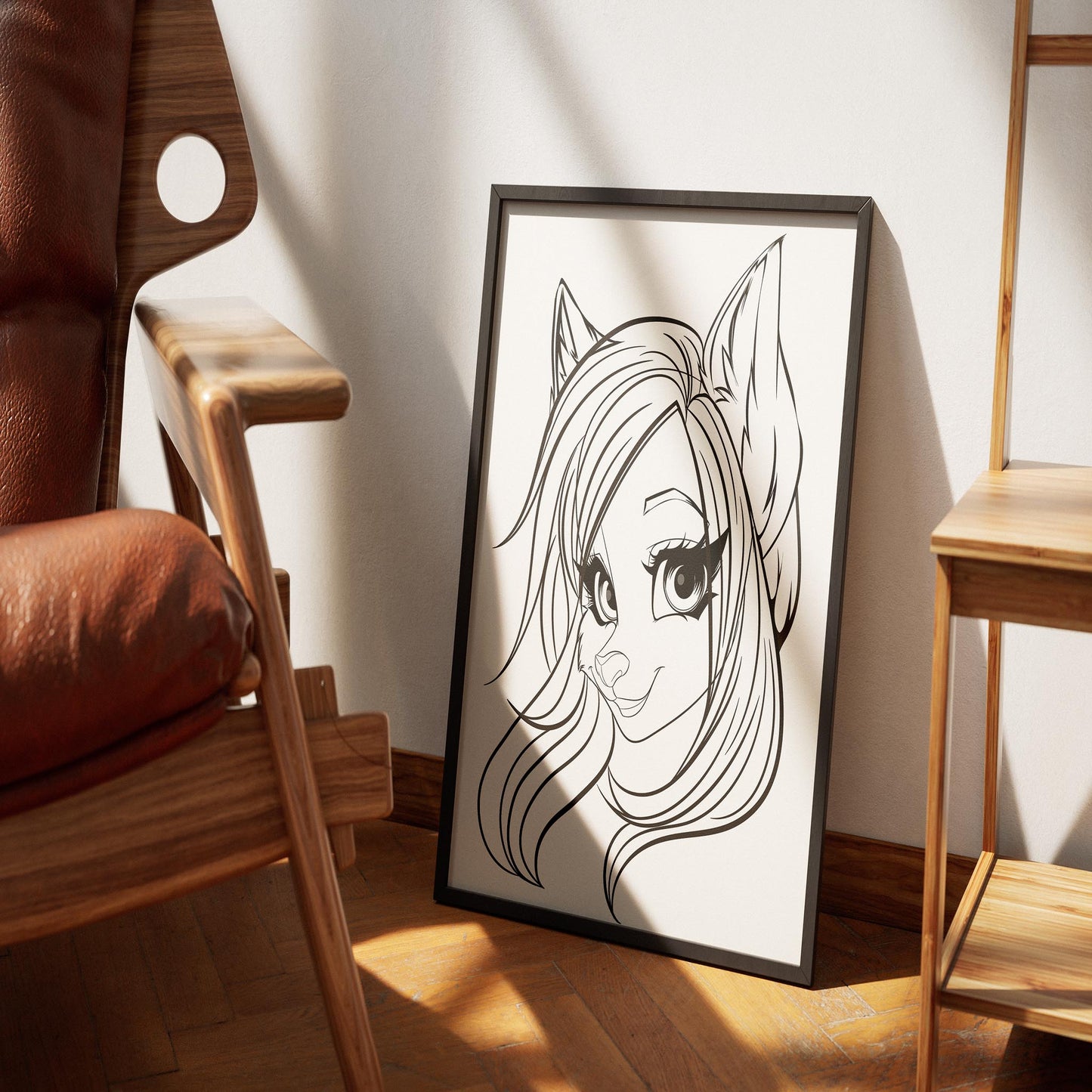 Elegant furry character line art illustration framed on a wooden floor.