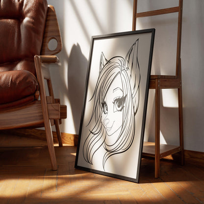 Line art of a furry character with detailed flowing hair, framed and leaning against a wooden chair.