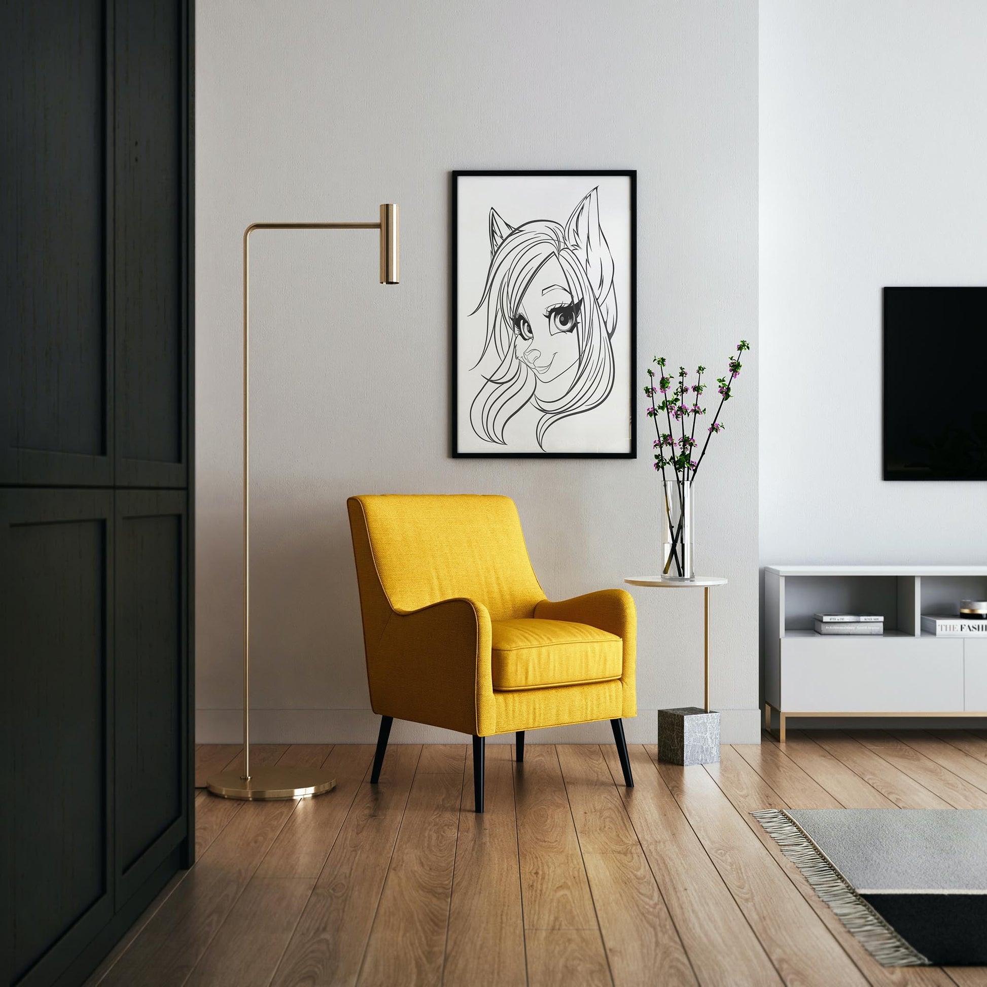 Line art of a furry character framed on a wall, next to a yellow armchair and modern decor, highlighting "Furries Model 2 - Digitalized Arts."