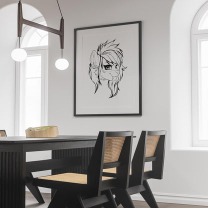 Furry character line art framed on modern white wall.