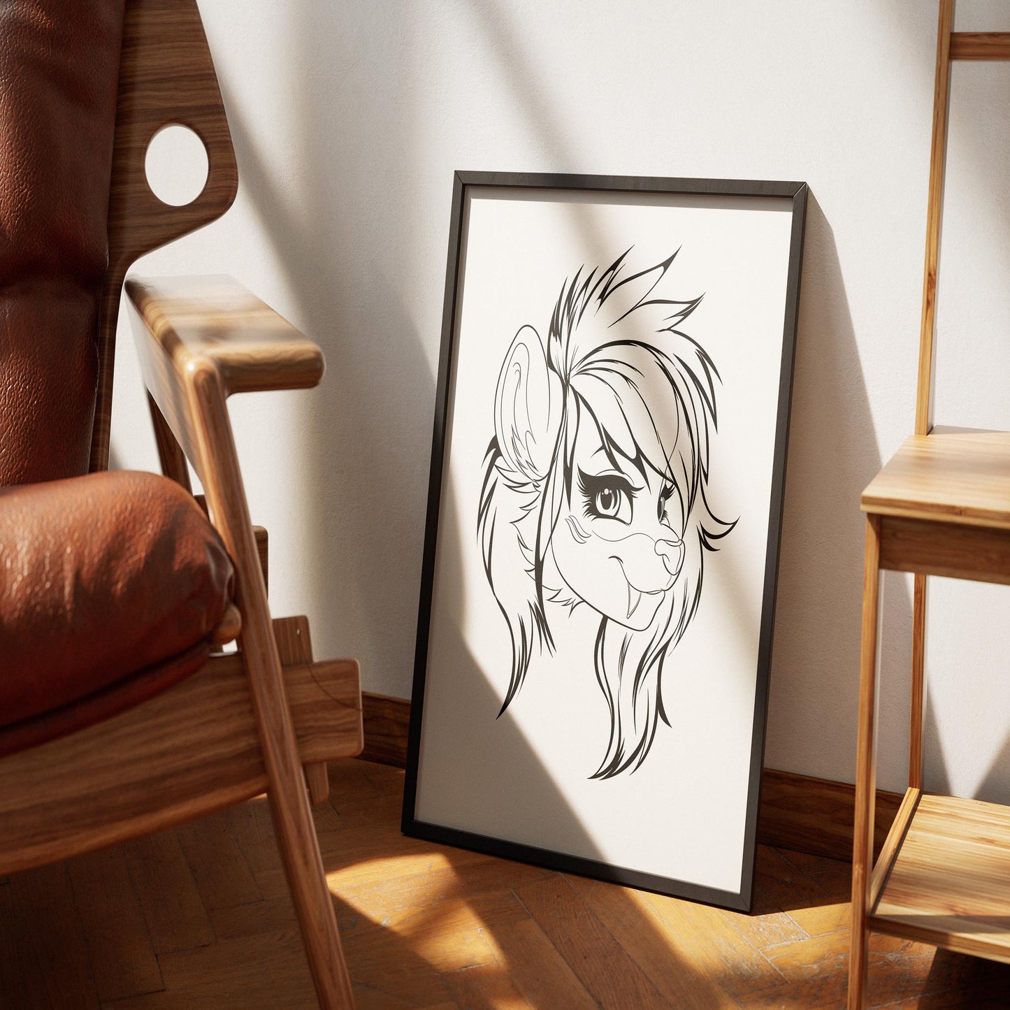 Edgy furry character line art in a modern frame, ideal for digital coloring.