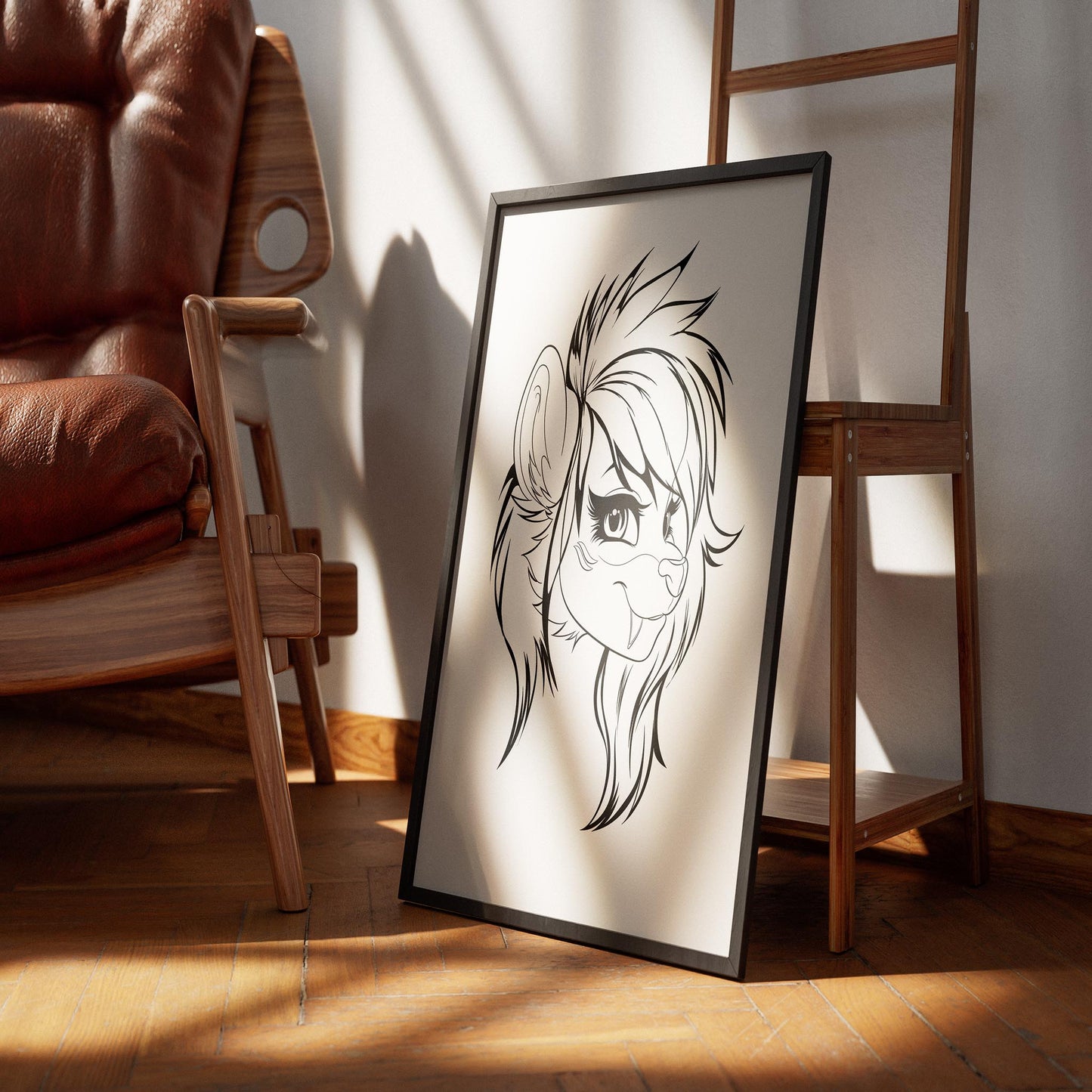 Furry character line art in a frame, displayed on a wooden floor, perfect for artistic decoration.