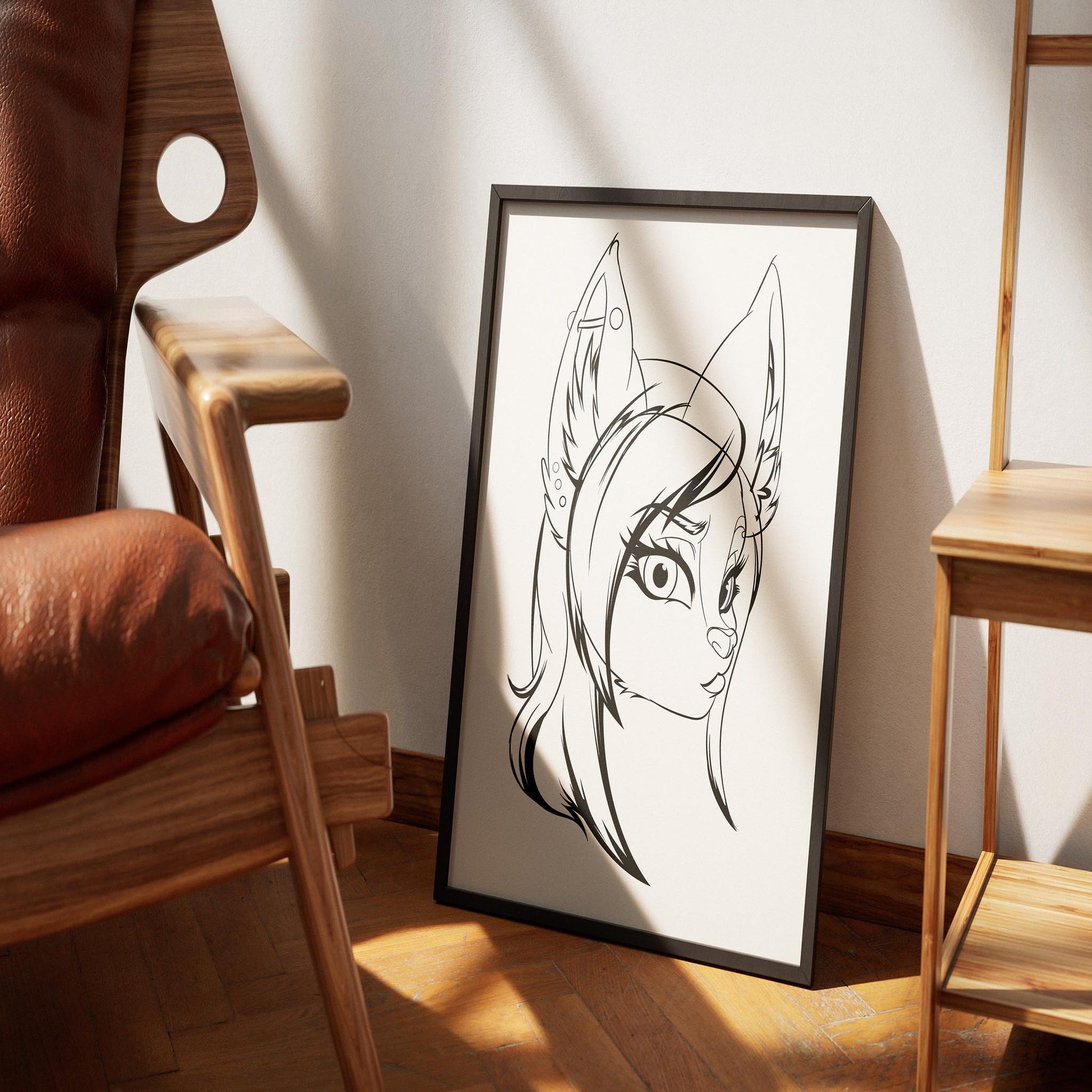 line art of furry character in a frame, leaning against a wall in a cozy room