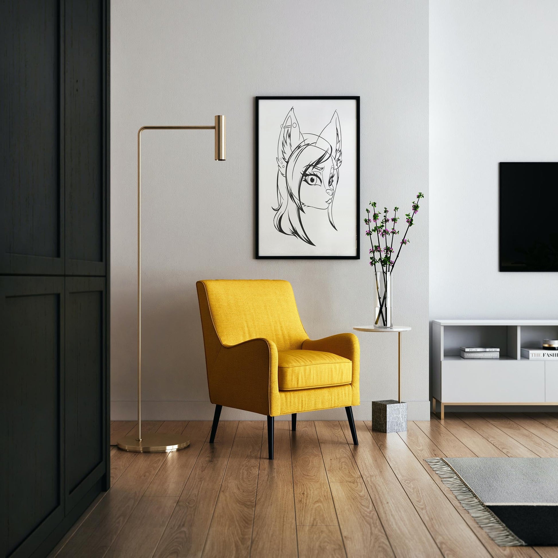 Line art of furry character framed on wall above yellow armchair in modern room.