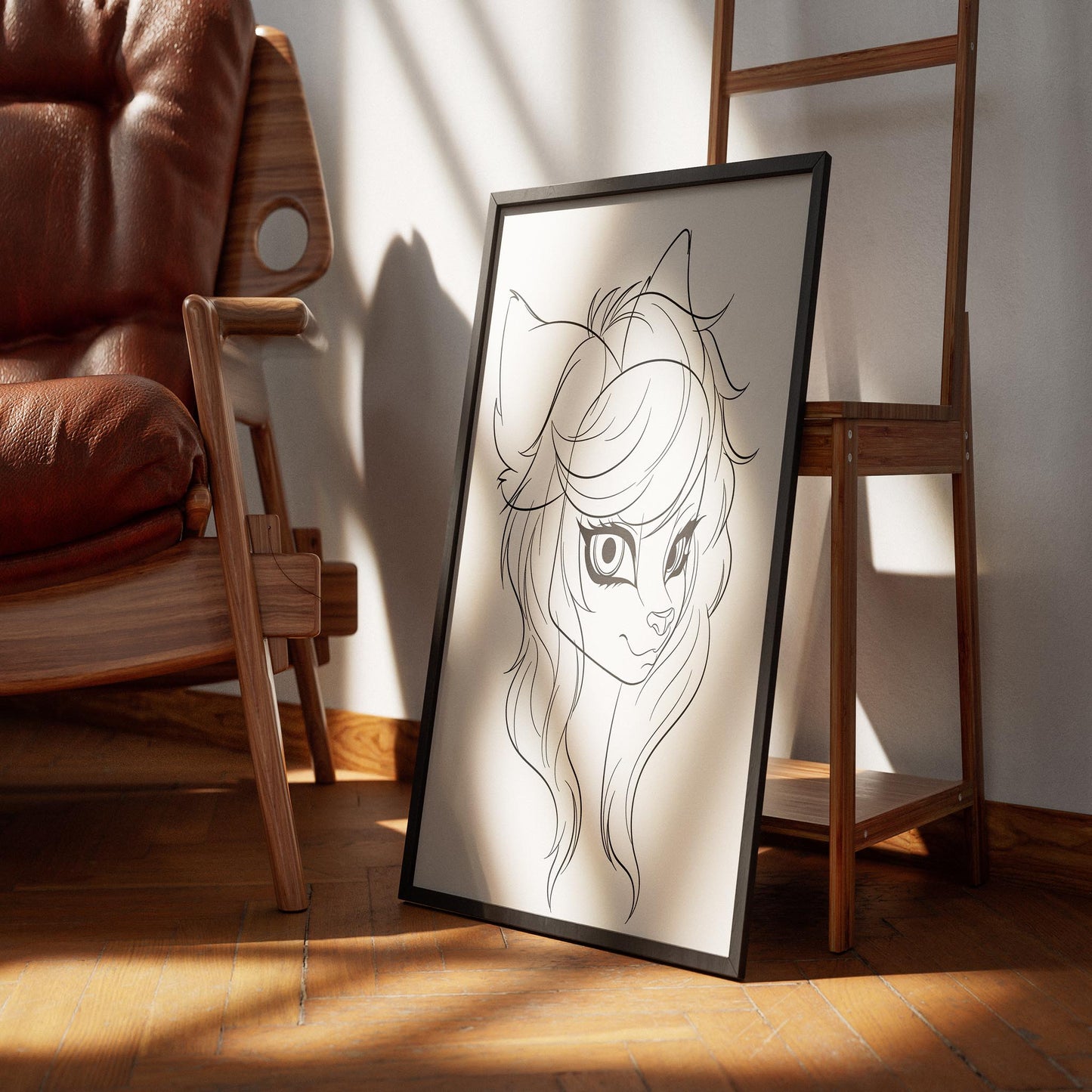 Line art of a furry character, framed and displayed in a stylish setting, perfect for modern decor.