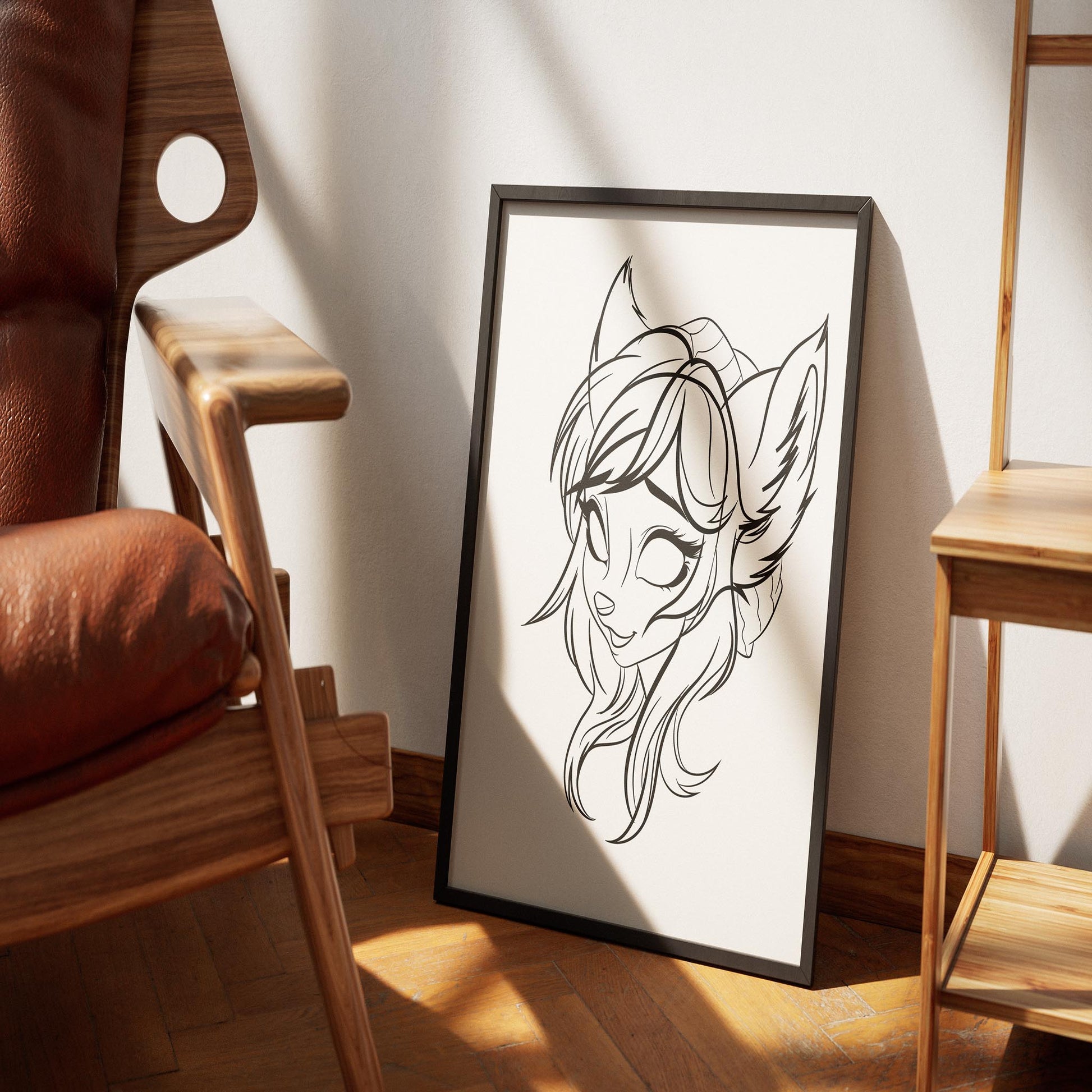 Anime-style furry line art framed on wooden floor with furniture.