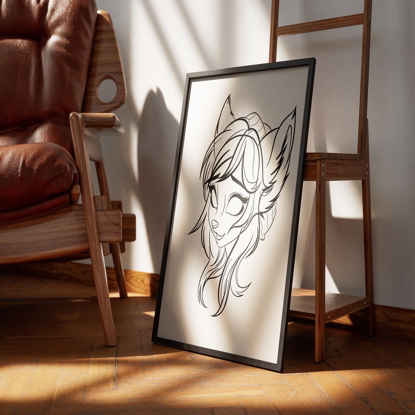 Line art of a pouting anime-style furry character in a digitalized art frame on a wooden floor.