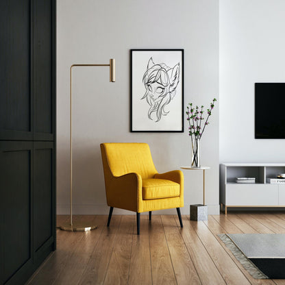 Anime-style furry line art artwork on wall above modern interior setup with yellow chair.