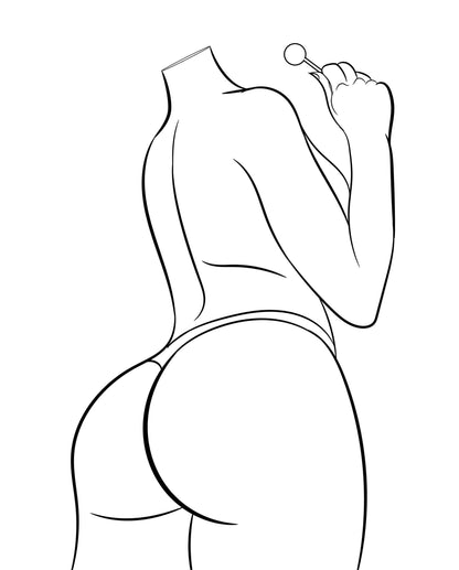 Digital line art of a confident female figure holding a lollipop, Model 12 - Line Art.