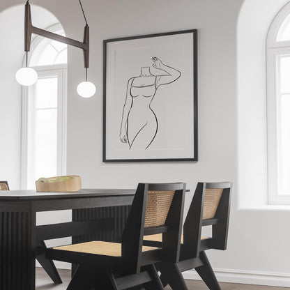 Minimalist dress line art with elegant square neckline, framed and displayed in modern interior.