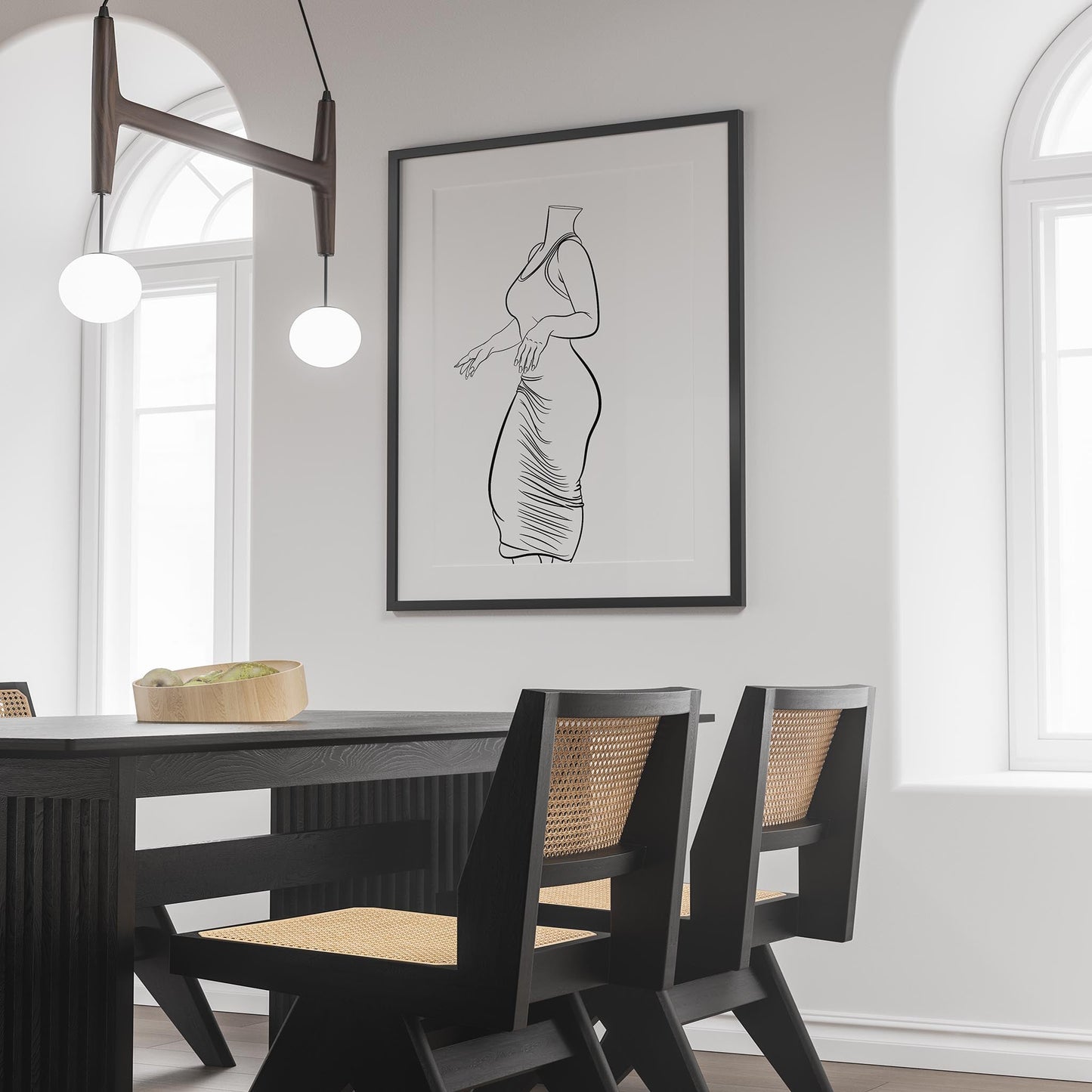 Line art of form-fitting dress in modern, elegant design displayed in stylish home decor setting.