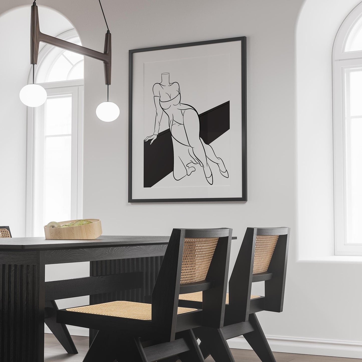 Line art of off-shoulder dress in modern interior setting, ideal for wall art.