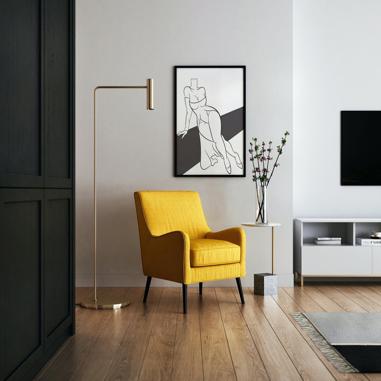 Line art of an off-shoulder dress framed as striking wall art in a modern living room.