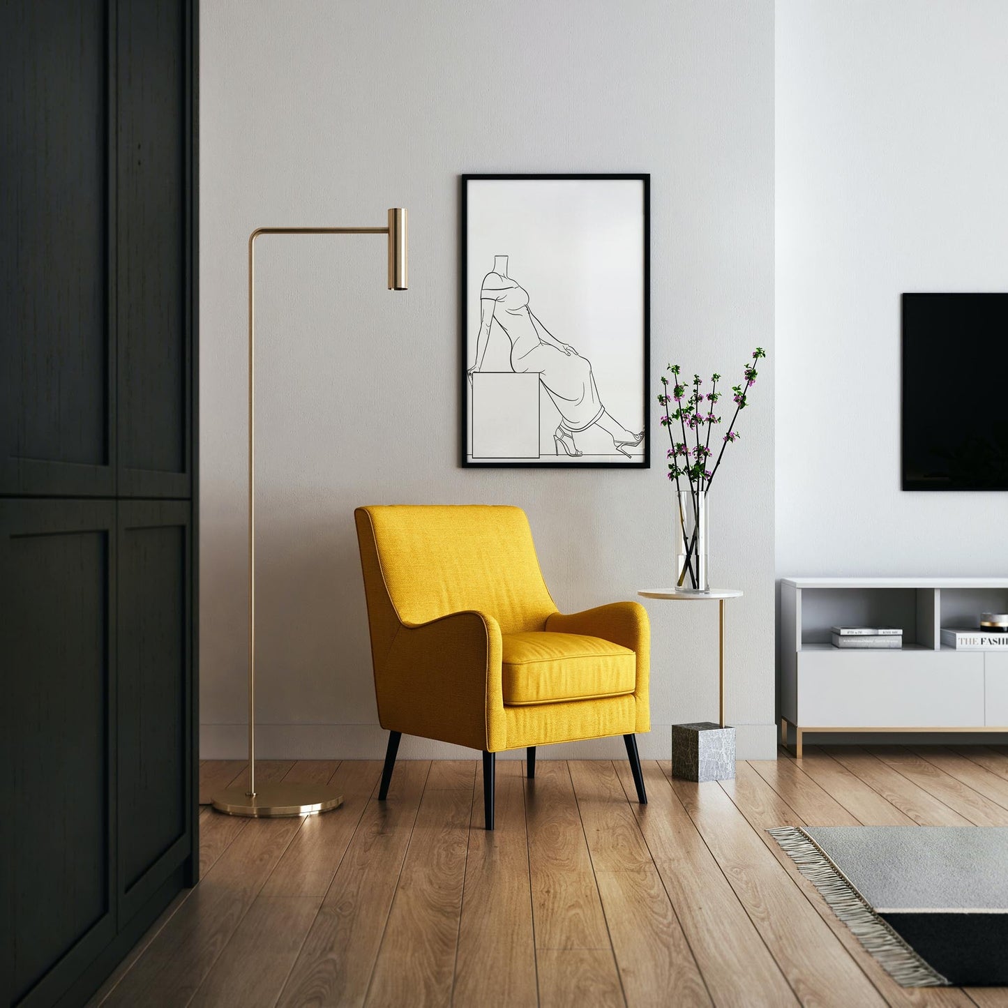 Minimalist living room featuring a digital line art titled 'Dress 3' with a yellow armchair and modern decor.