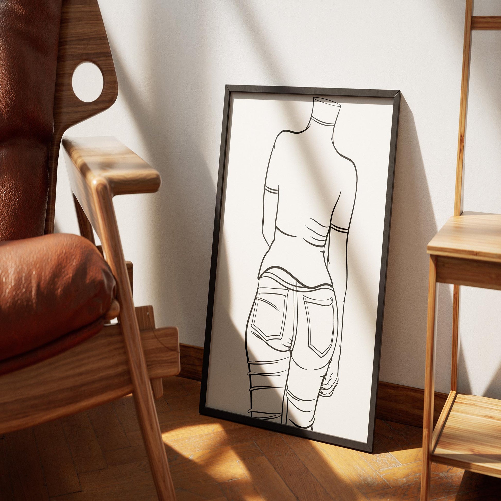 Framed line art of Jeans Denim Model 45 in stylish room setting.